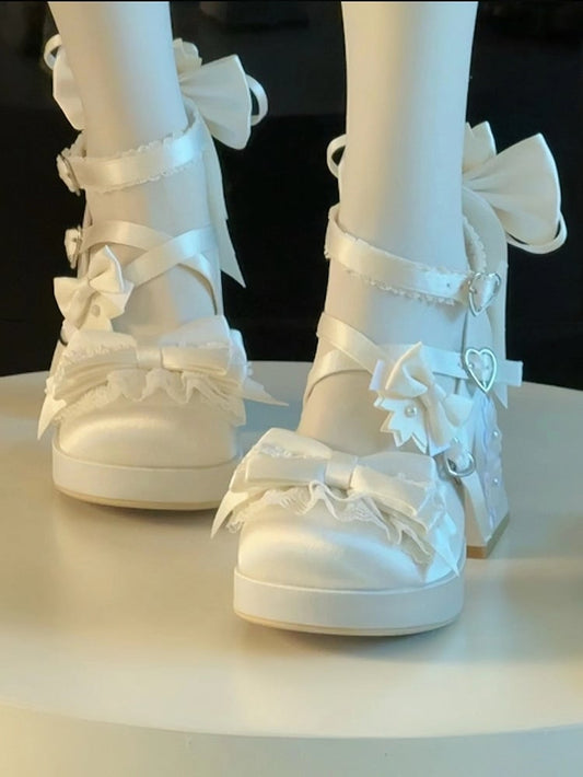 Block High with Sakura Details Bowknot White Platform Themed Satin Lolita - Heels