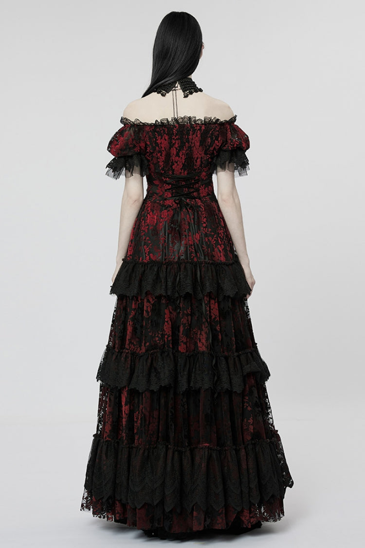 Short Puff Sleeves Print Ruffle Lace Women's Gothic Dress