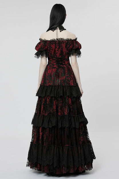Short Puff Sleeves Print Ruffle Lace Women's Gothic Dress