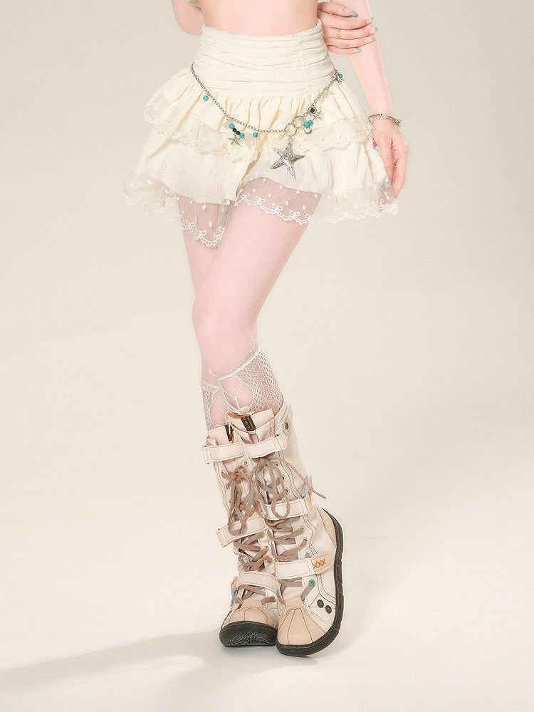 ウエストハイアプリコットスカートメッシュレーストリムグラマラスティアードミニ