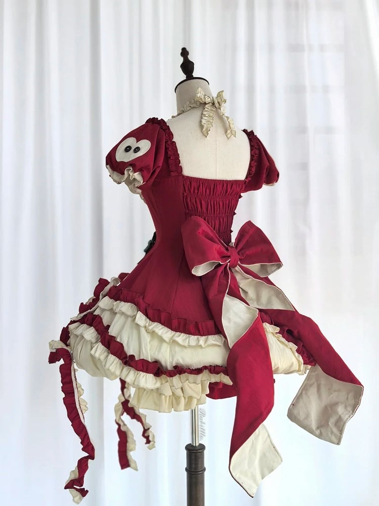Red Ruffled Sweet Lolita Fluffy OP Dress Full Set