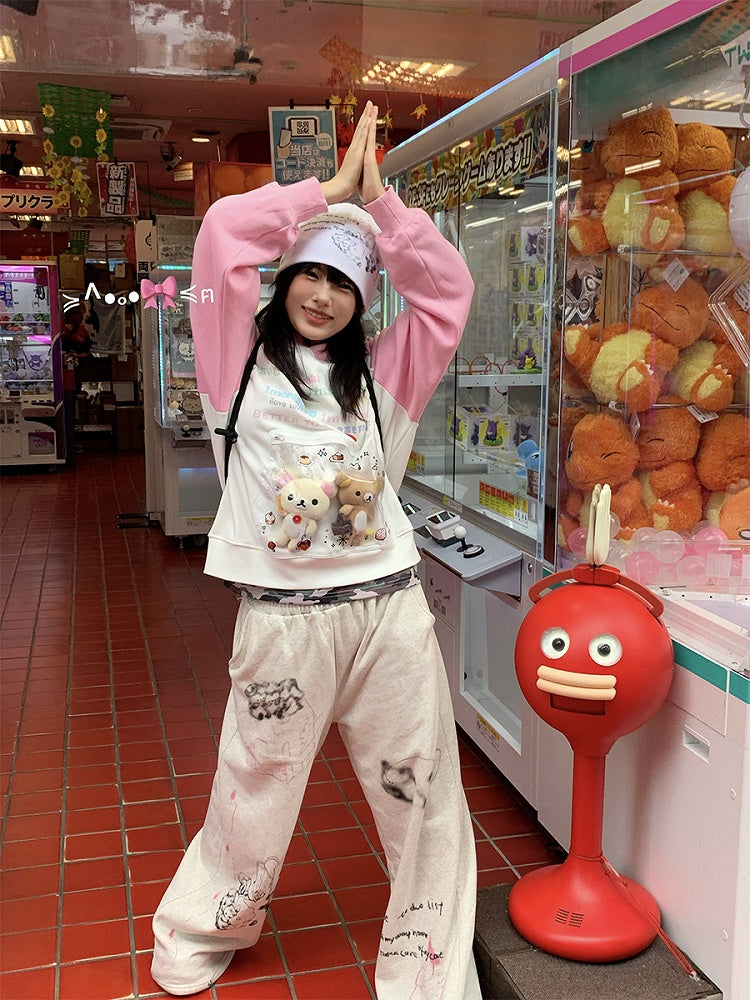 with Sweatpants Gray Print Cartoon Animal All-Over