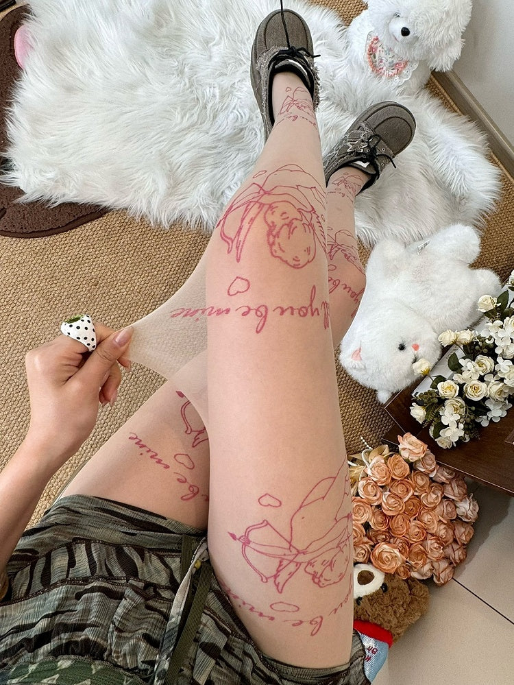 Nude Letter Print Tights And Cupid