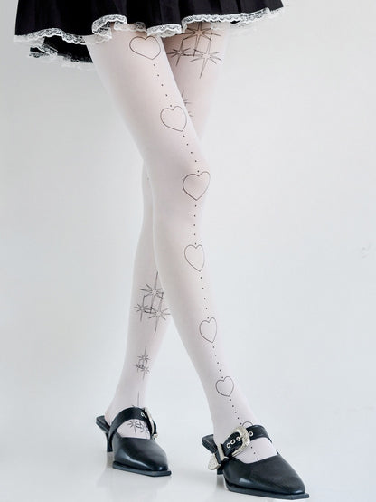 White Heart & Star Print Tights