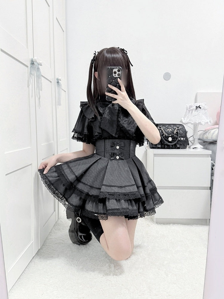 Black High-waisted Check Double-layer Skirt with Lace Trim & Bow - shirohato