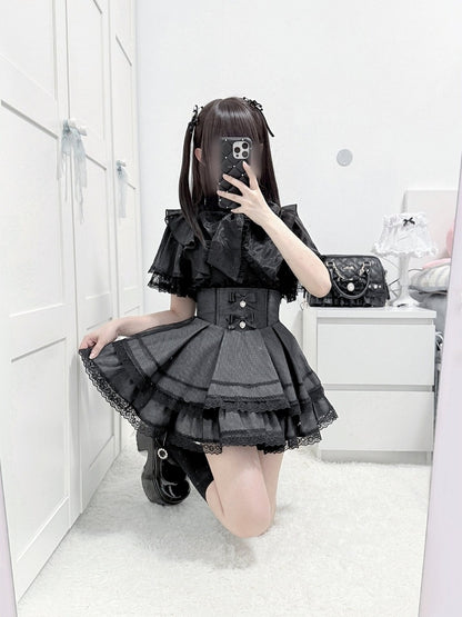 Black High-waisted Check Double-layer Skirt with Lace Trim & Bow - shirohato