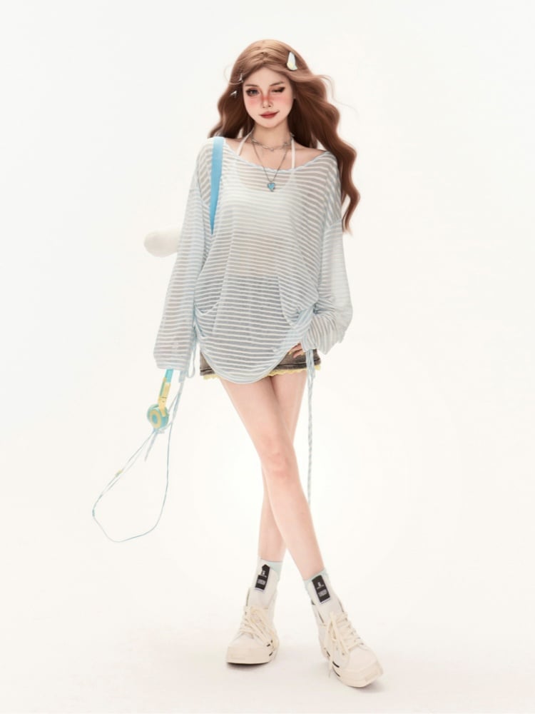 Semi-Sheer Coverup Blue and White Striped Sun Protection