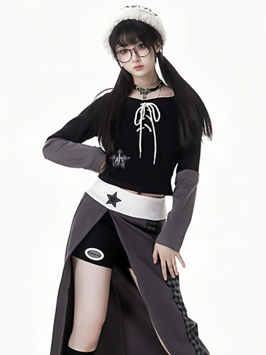 ブラックスターアップリケ レースアップディテール オフショルダーネックライン トップス