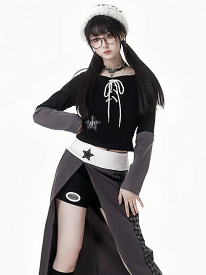 グレーパープルのスターアップリケ付き太もも丈スリット入りチェック柄ロングスカート