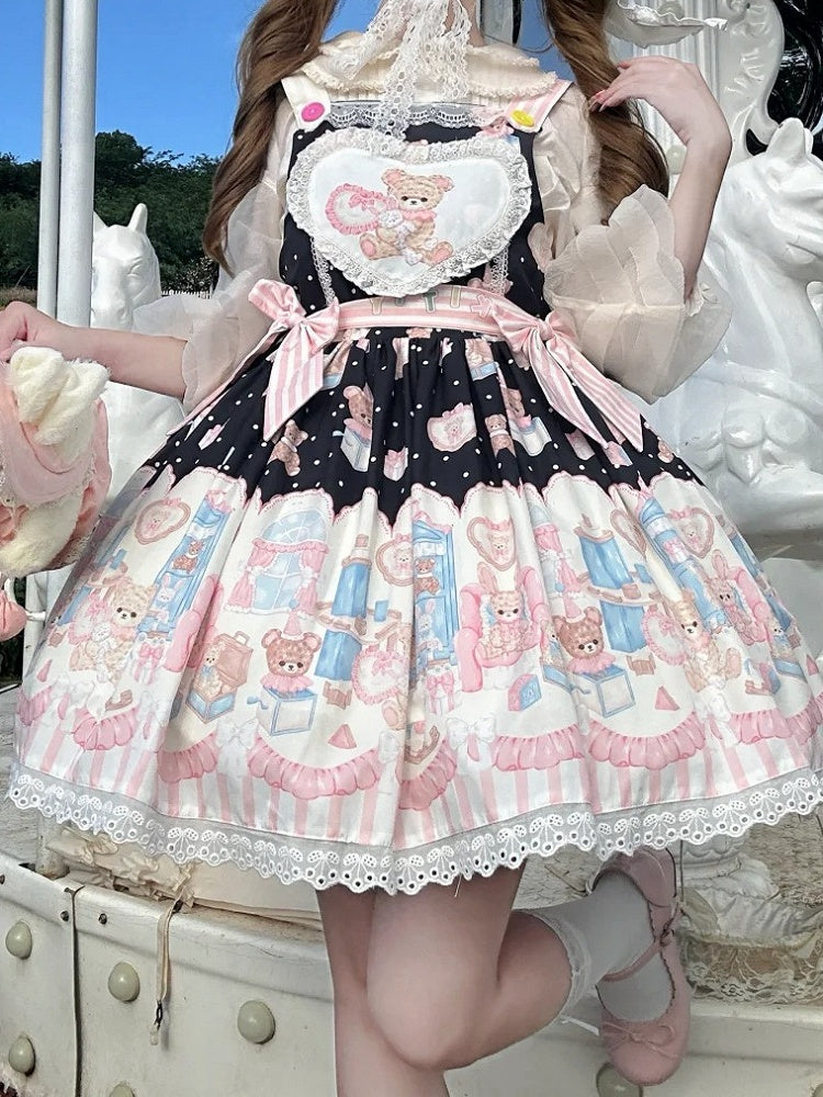 Hase Plüschtier Süßer Teddy Lolita und Kleid Schwarzer Print Overall