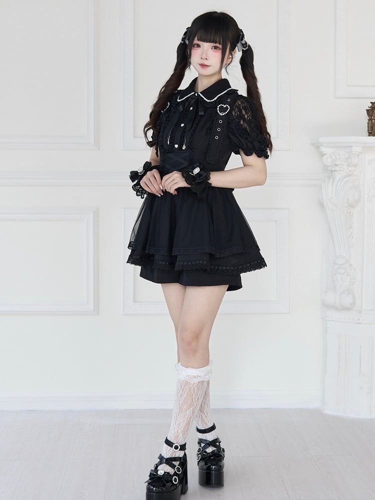 Jirai Kei Black/White Short Sleeves Blouse with Beaded Collar