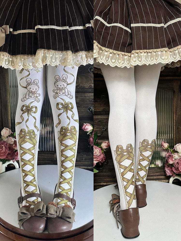 Bow And Blue/Brown Pink Tights Bunny Print Lolita Sweet