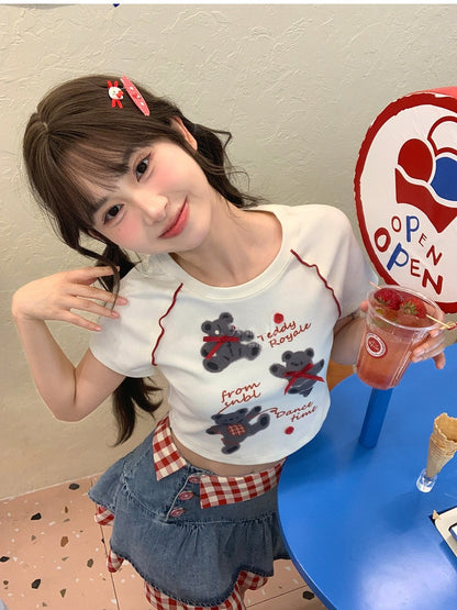 T-Shirt Short/Long White Round Neck Bear Print Version