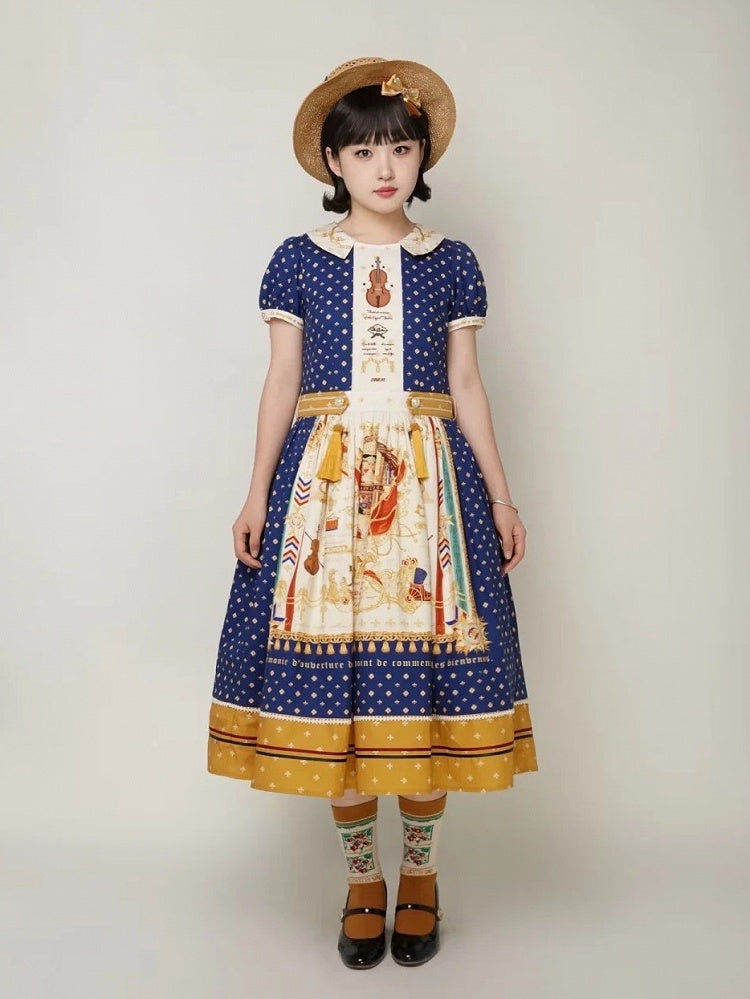 Long Dark Blue Musical Print Peter Pan Collar OP Dress with Tassels - Crucis Universal Tailor Company