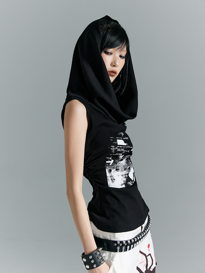 With White Print Black Knit Hooded Tank Top Letter
