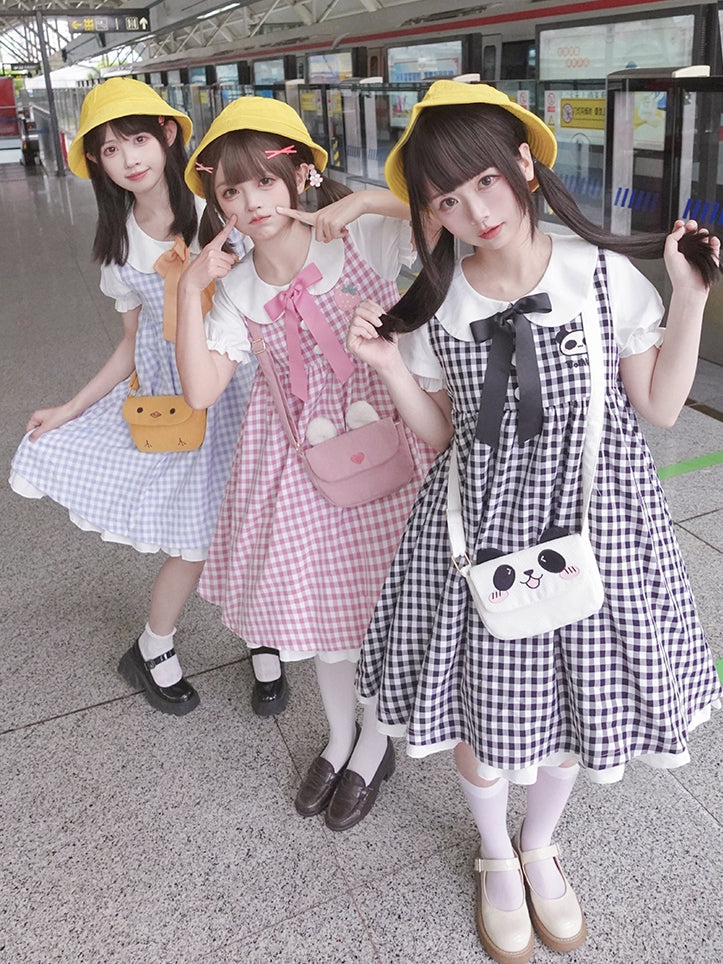 黒と白のパンダ柄ピーターパンカラーのチェック柄ショートパフスリーブドレス