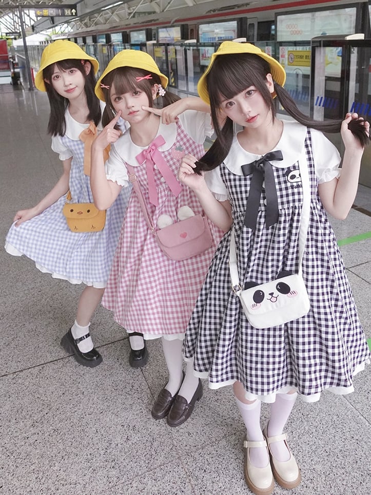 Blue Little Chicken Peter Pan Collar Plaid Short Puff Sleeves Dress