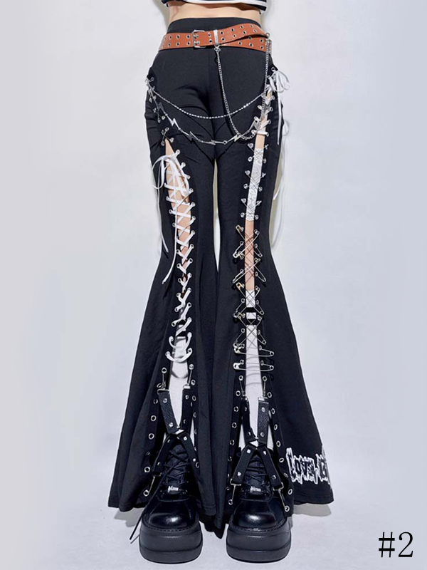 Design with Black and Flared Detailing Lace-Up Pants Pin Safety Symmetrical Slit