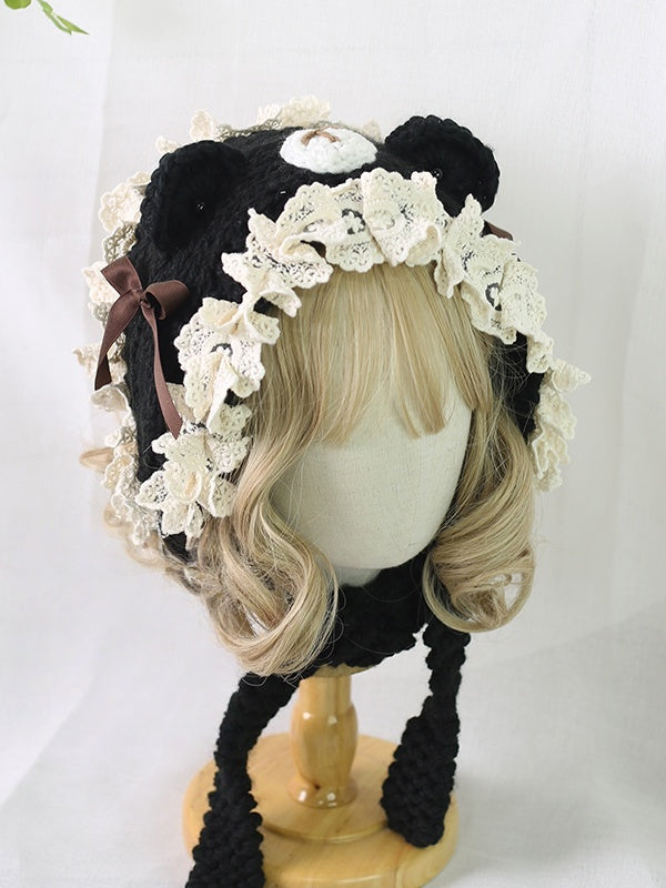 Lolita Ear 4 Detachable Lace-trimmed Knitted Colors Bowknot Bear With Sweet Hat