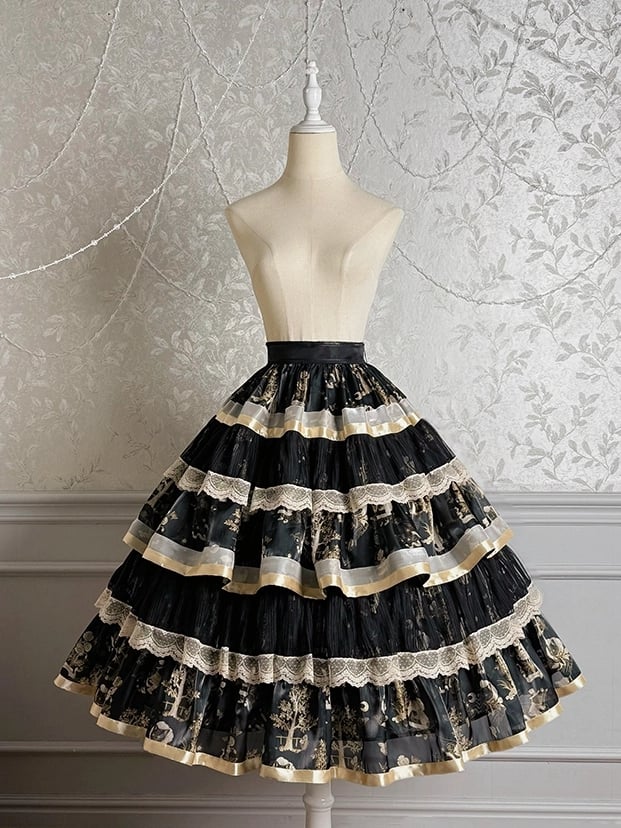 Kitty Lolita Bunny Rüschendruck und Rock Schwarz Gold Stufen