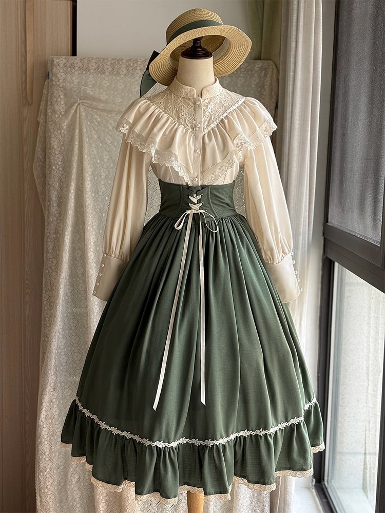 Green Boned High Waist Elegant Classic Lolita Skirt with Lace Trim