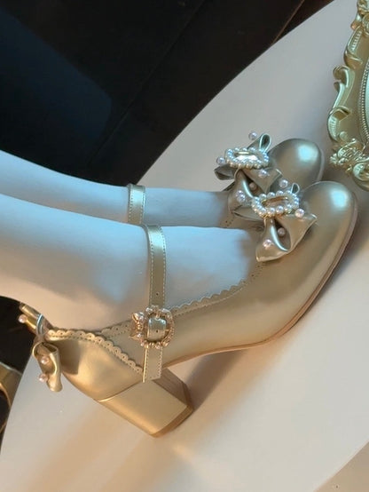 And Details Beaded Round Bowknot Mary Decorated Toe Rhinestone Janes Gold