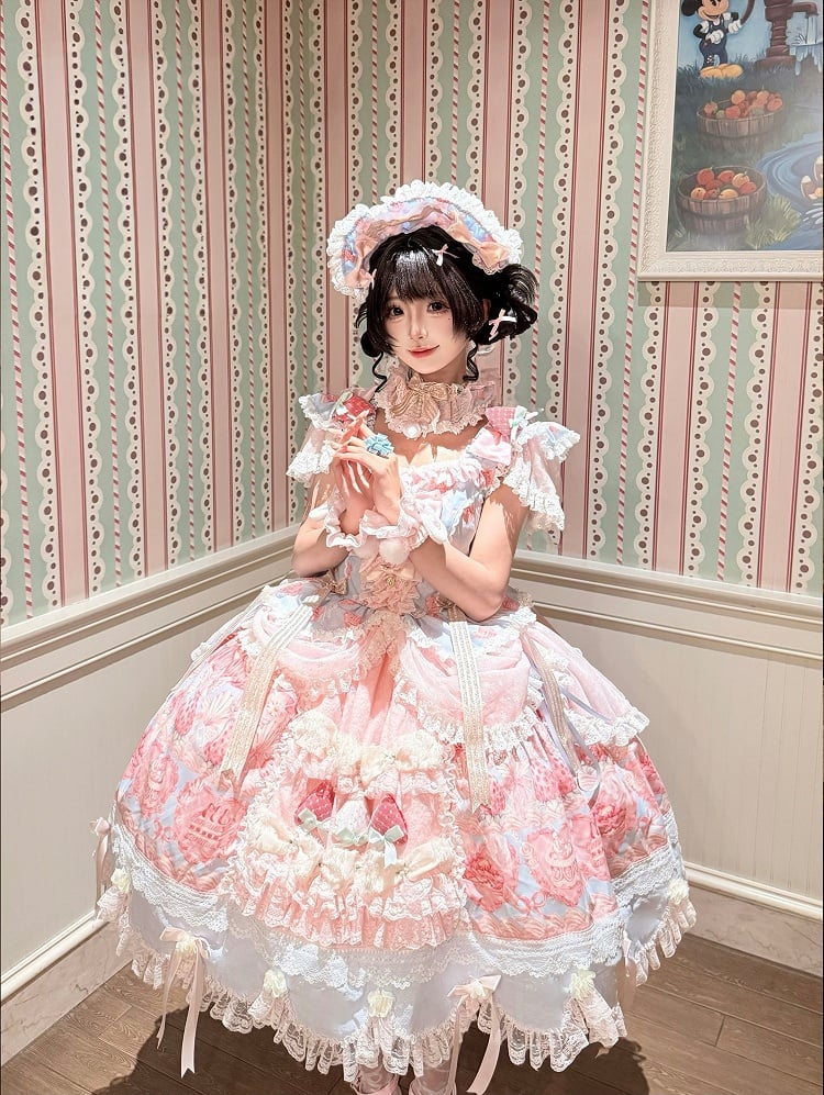 Blue & Pink Strawberry Cake Print Flutter Sleeve Lolita JSK - Ball Lolita