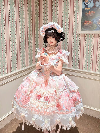 Blue & Pink Strawberry Cake Print Flutter Sleeve Lolita JSK - Ball Lolita