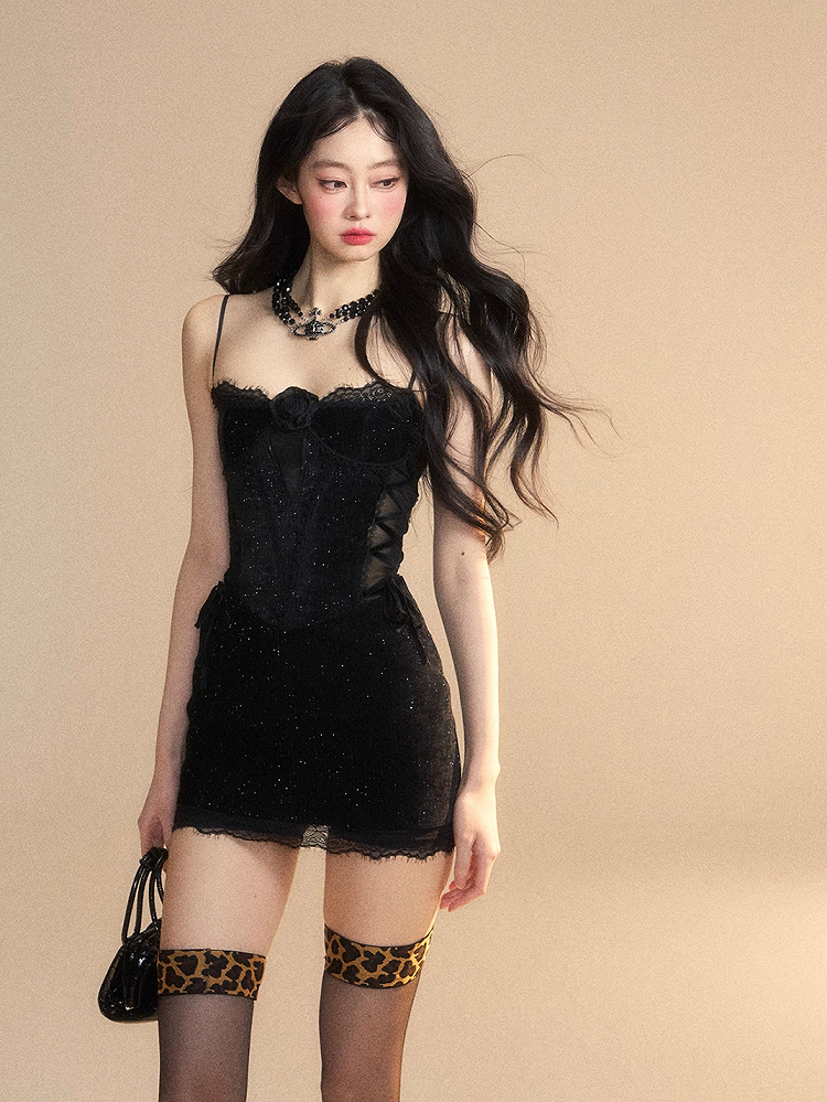 Waist Black/Red Slip Lace-up Lace Detail Rosette Patches Dress Accent Bodycon