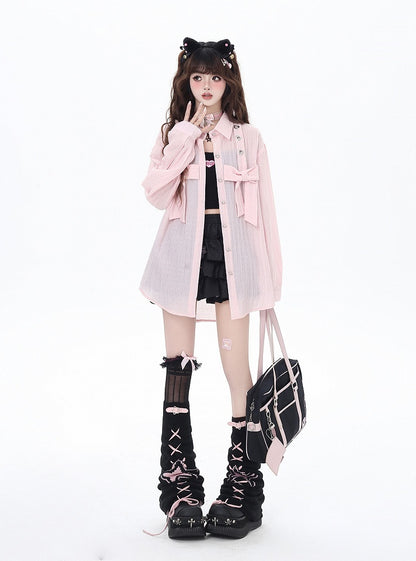 ライトブルー/ライトピンクのビッグリボンセミシアーシャツ