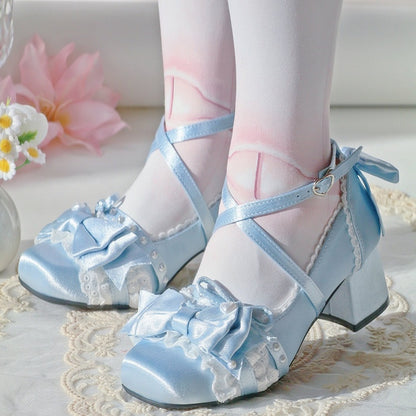 Square Lolita Bow Decorative Blue Toe Shoes Elegant Mid-heel with