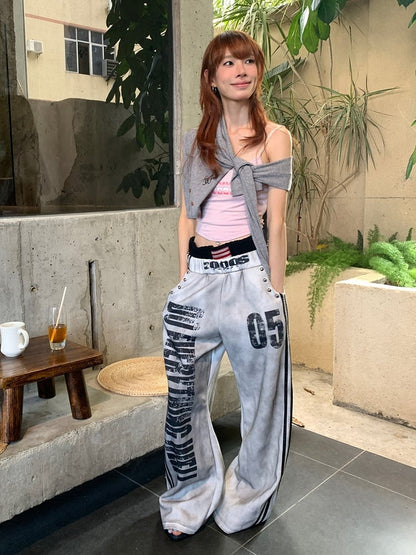 Washed Grey Double Waistband Loose Sweatpants Letter Print - DETW OnLine