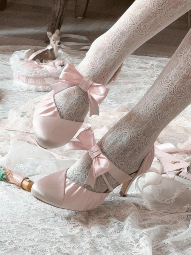 Lolita Satin - Accents Heels Toe Bow Pink Mary Jane Pointed Elegant