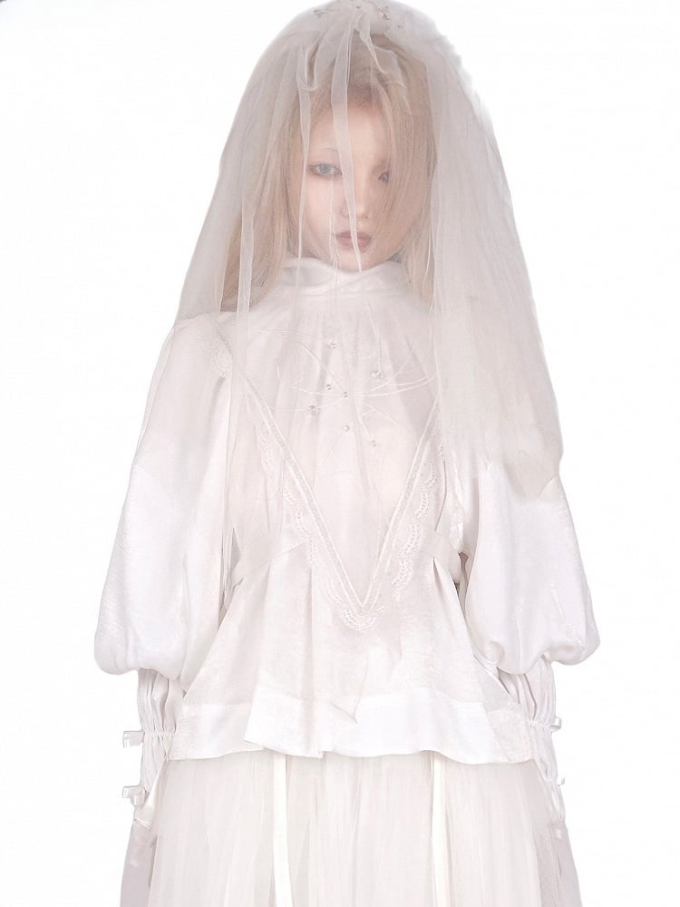 Spiderweb with Long Collar Gothic Embroidered Detachable High-Neck Sleeves Sailor Blouse Lolita White
