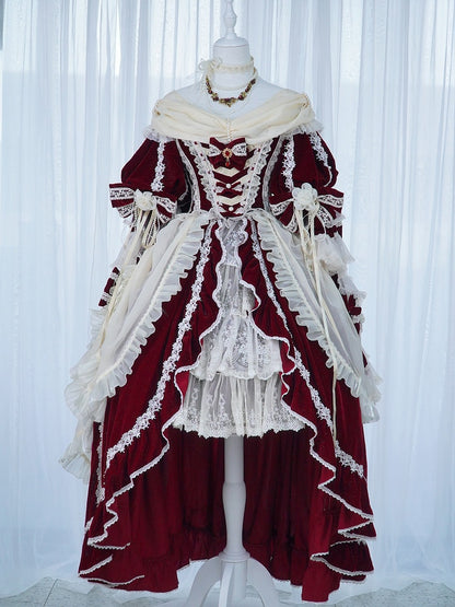 Ruffle High-low Lolita Red Shimmering Velvet Dress Cascading Hanayome and White