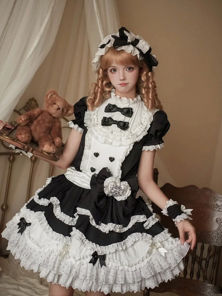 Black Embroidery Ruffle Neckline Layered and Sweet Lolita with Lamb White Bow Dress Accents