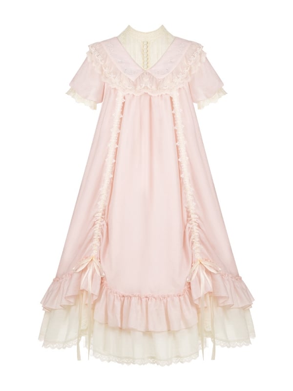 Loose Drawstring Pink Sleeves Lolita Rosette Embroidery Short Details Dress with