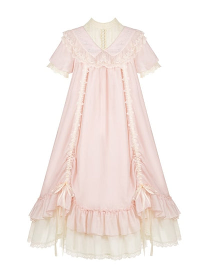 Loose Drawstring Pink Sleeves Lolita Rosette Embroidery Short Details Dress with