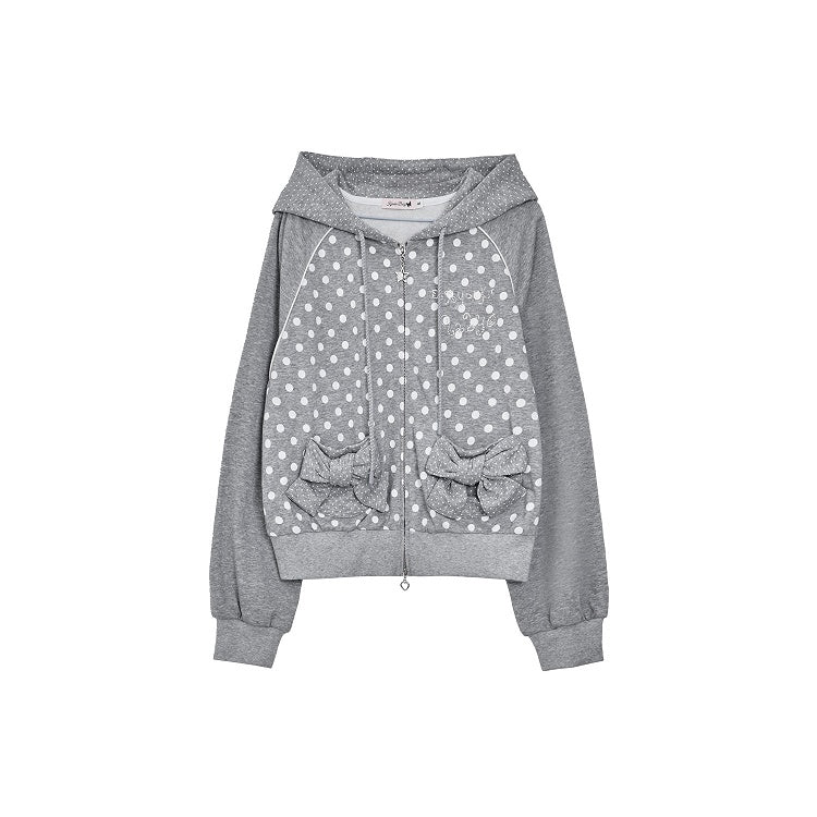 Jacket Dot Raglan Black Gray Bow Polka Hoodie with Decorative / Sleeve