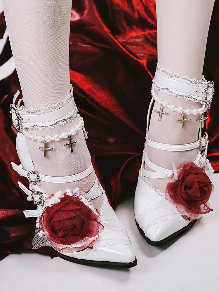 White Gothic Pointed Toe High Heels with Detachable Cross Charm Beaded Chains, Crisscross Straps & Lace Trim