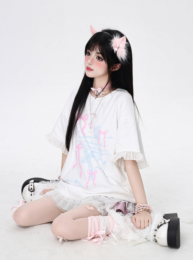 Bowknots Print Loose with Cascading Ruffle Accents Bittersweet T-Shirt White
