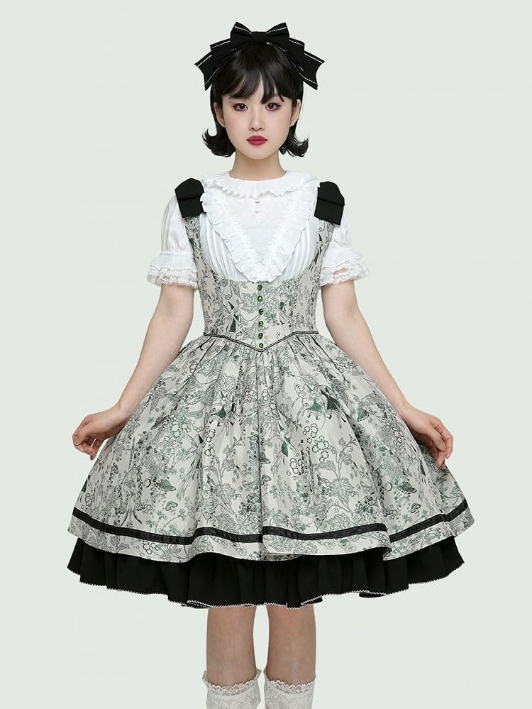 Basque Lolita Bust Jumper Skirt Under Waist Straps Shoulder Green Bowknot