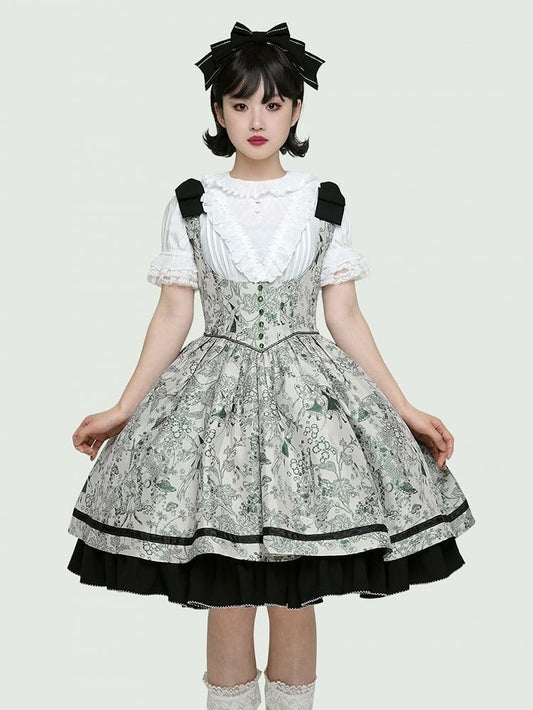 Basque Lolita Bust Jumper Skirt Under Waist Straps Shoulder Green Bowknot