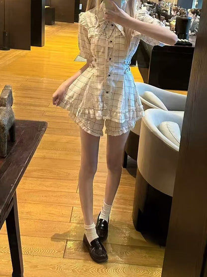Strap Dress with Kei White Panels Lace Plaid Jirai and Buckle Waist Set: Shorts Illusion
