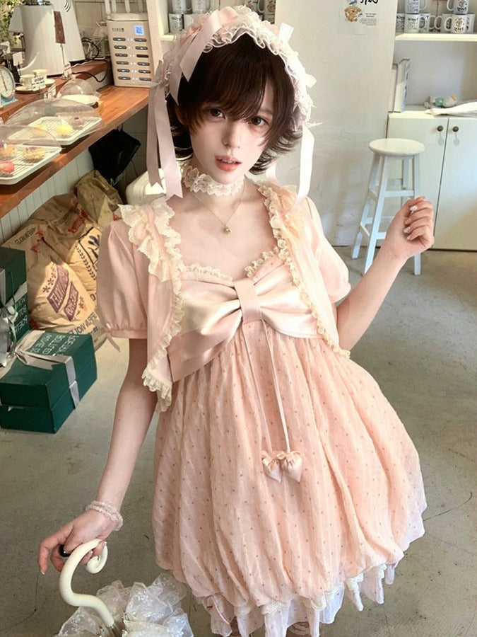 Pink Bow Polka Dot Sleeveless Bubble Dress with Lace - Tan Tuan