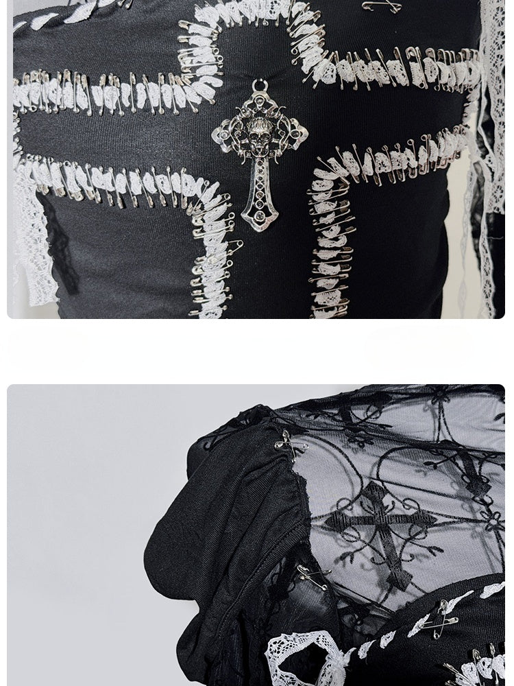 Gothic Black Illusion Neckline Contrast Lace Trim Cross Pin Top