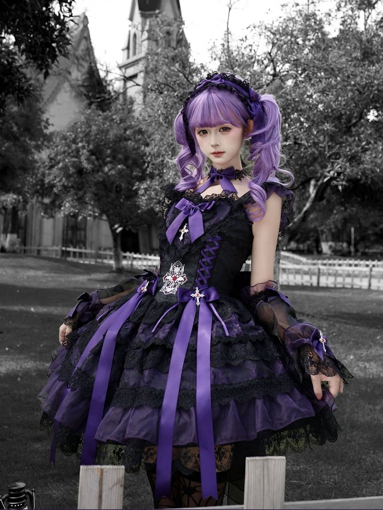 Gothic Lolita JSK Dress with Cross & Spider Details, Layer Lace Trim & Bowknots in Black & Purple - Dream Flower Box