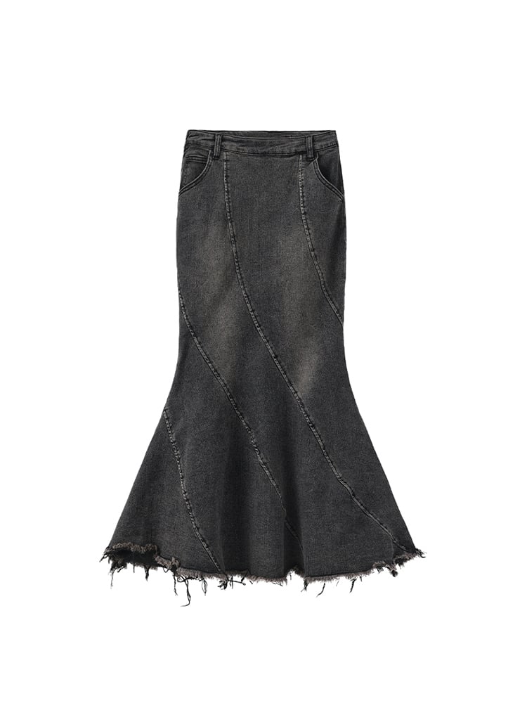 Denim Loops Hem with Distressed Skirt Gray Edgy Frayed Mermaid Belt