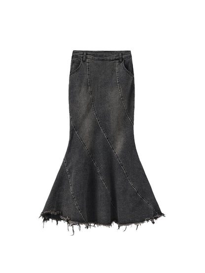 Denim Loops Hem with Distressed Skirt Gray Edgy Frayed Mermaid Belt
