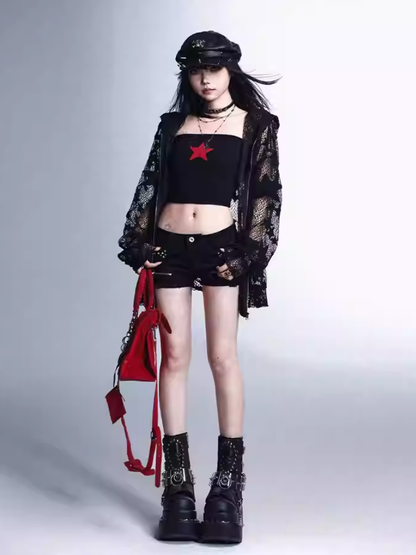 Glamorous Vintage Schwarzes, eng anliegendes Bustier-Top mit rotem Sternenmuster